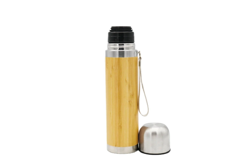 500ml Fashionable Eco-Friendly High-Quality Stainless Steel Vacuum Flask with Bamboo Shell, 304 Stainless Steel Bullet-Shape Insulated Thermos
