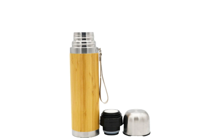 500ml Fashionable Eco-Friendly High-Quality Stainless Steel Vacuum Flask with Bamboo Shell, 304 Stainless Steel Bullet-Shape Insulated Thermos